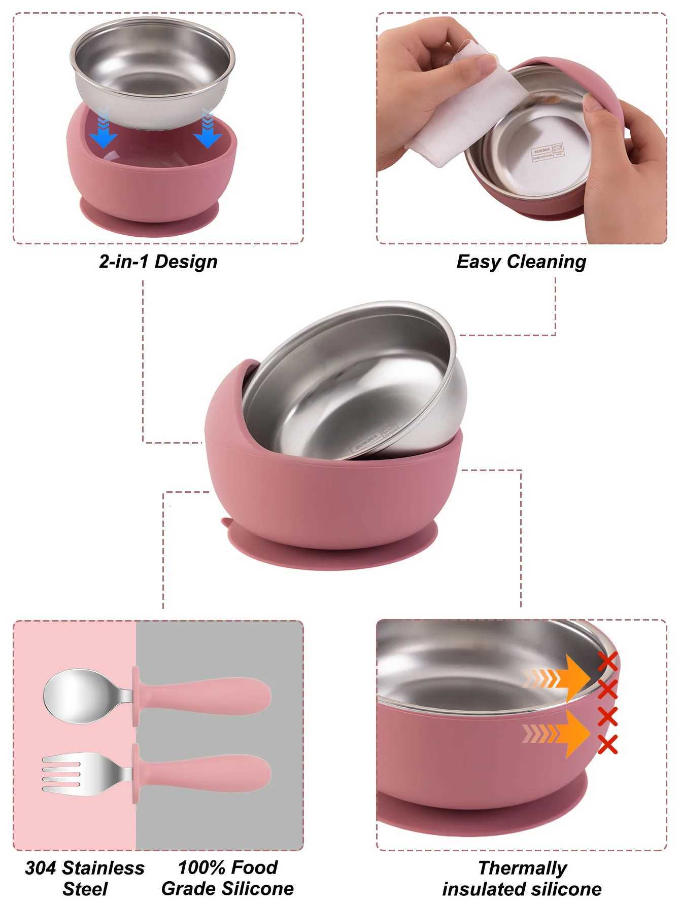 3PCS Baby Feeding Stainless Steel Bowl Fork Spoon Set Detachable Design Silicone Weaning Tableware BPA Free Training Utensils X250806