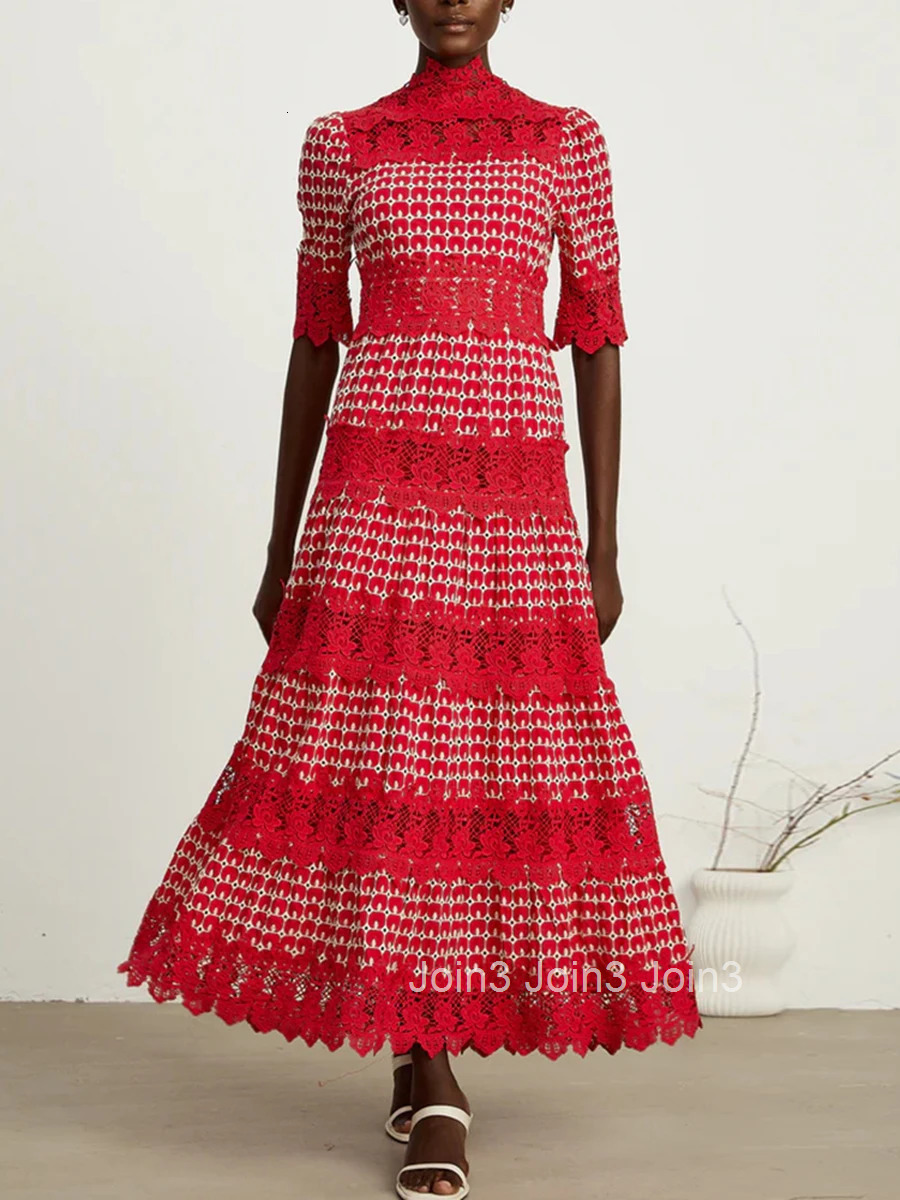 Embroidery Slimming Dress Women Stand Collar Half Sleeve High Waist Hollow Out Temperament Dresses Female Fashion