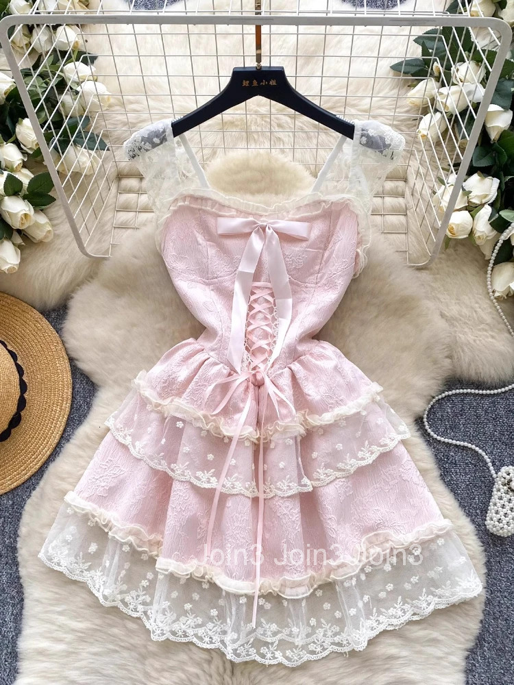 Japanese Sweet Lolita Jsk Dress Women Elegant Ruffles Lace Bandage Princess Strap Dresses Girls Y2k Kawaii Tea Party Mini Dress
