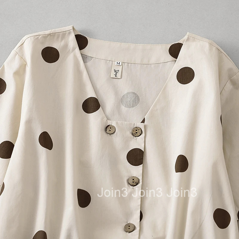 Dot V-neck short-sleeved simple cotton dress women summer new Japanese temperament elegant loose drawstring casual dresses