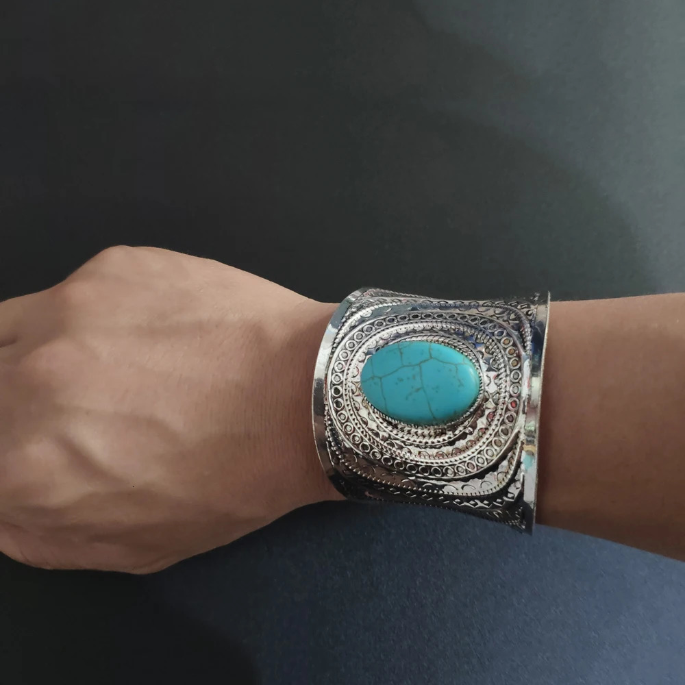 Vintage Tibetan Big Turquoise Drop Crystal Cuff Bracelet for Women Boho Gypsy Tribal African Ethnic Mans Open Bangles Jewelry 250805