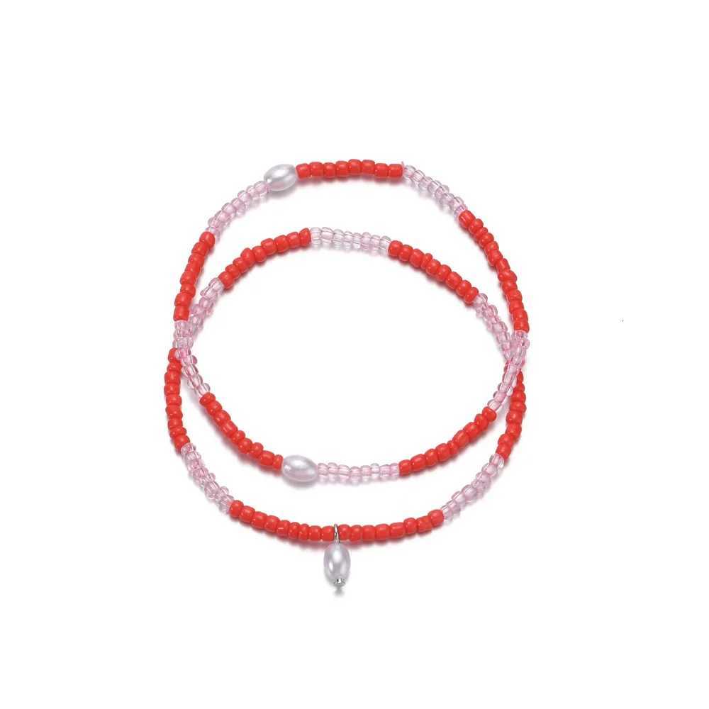 2pcs Synthetic Pearl Anklet Sets For Women Red Rice Beads Chain Ankle Adjustable Elastic Rope Foot Jewelry Accessories Y250805