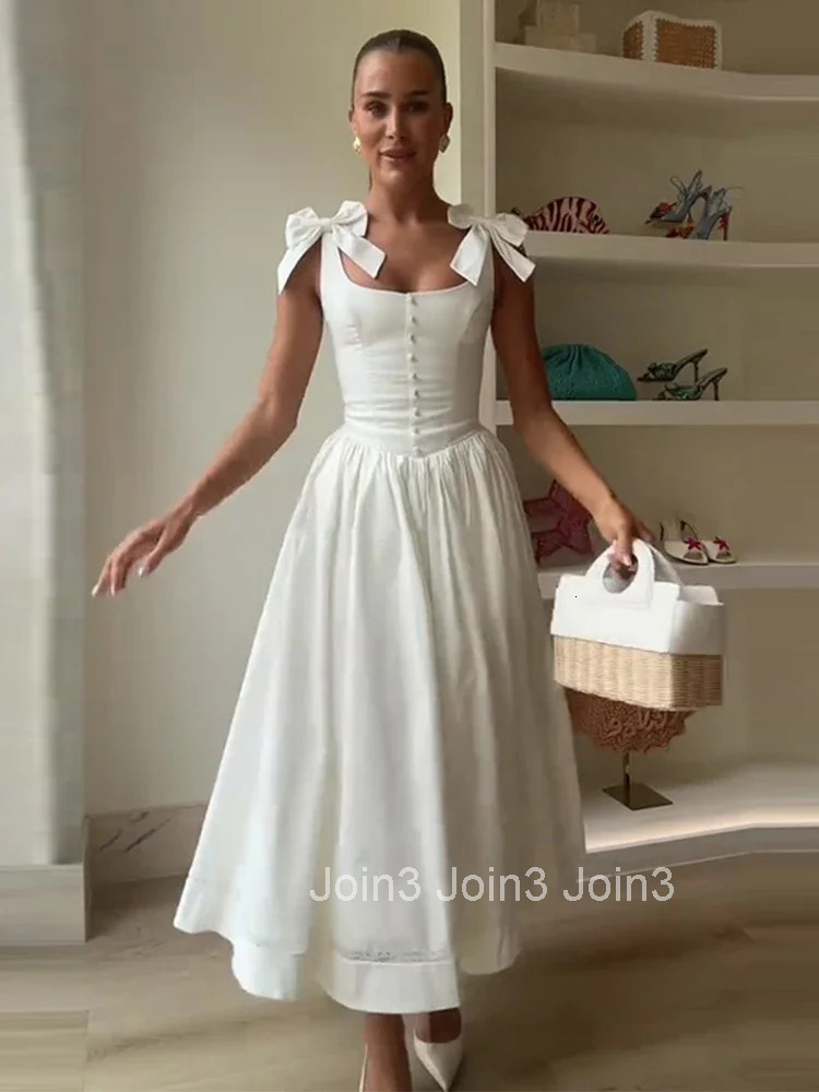 Fashion Woman Solid Bow A-line Dresses Ankle-length Sleeveless Backless Elegant Robes S Evening Party Bandage Slim Vestido