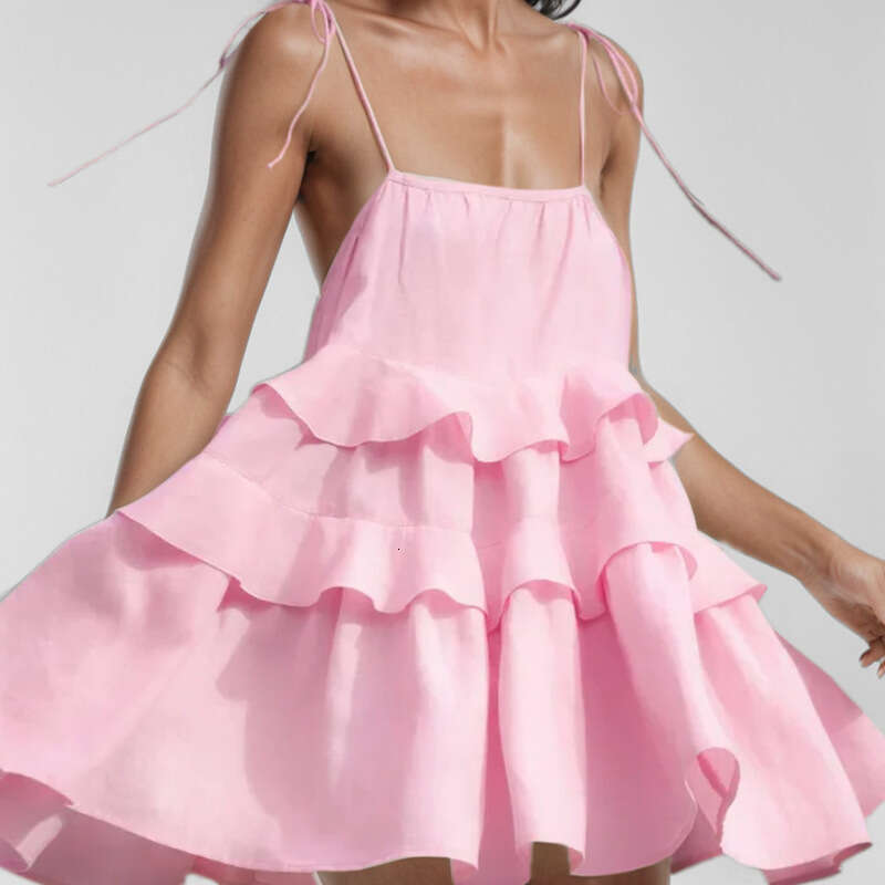 Spring New Women's Sexy Pleated Strap Backless Tie Short Dress B5