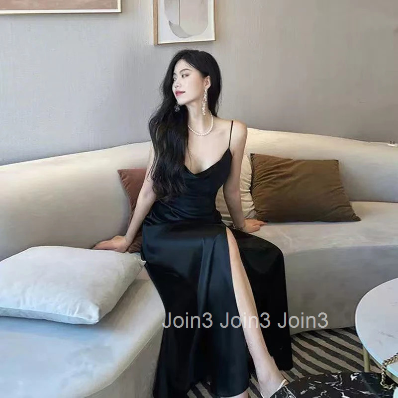 Black Slit Camis Dress Women Summer Sexy Backless Spaghetti Straps Midi Dress Y2K Elegant Satin Sleeveless Party Night Vestidos