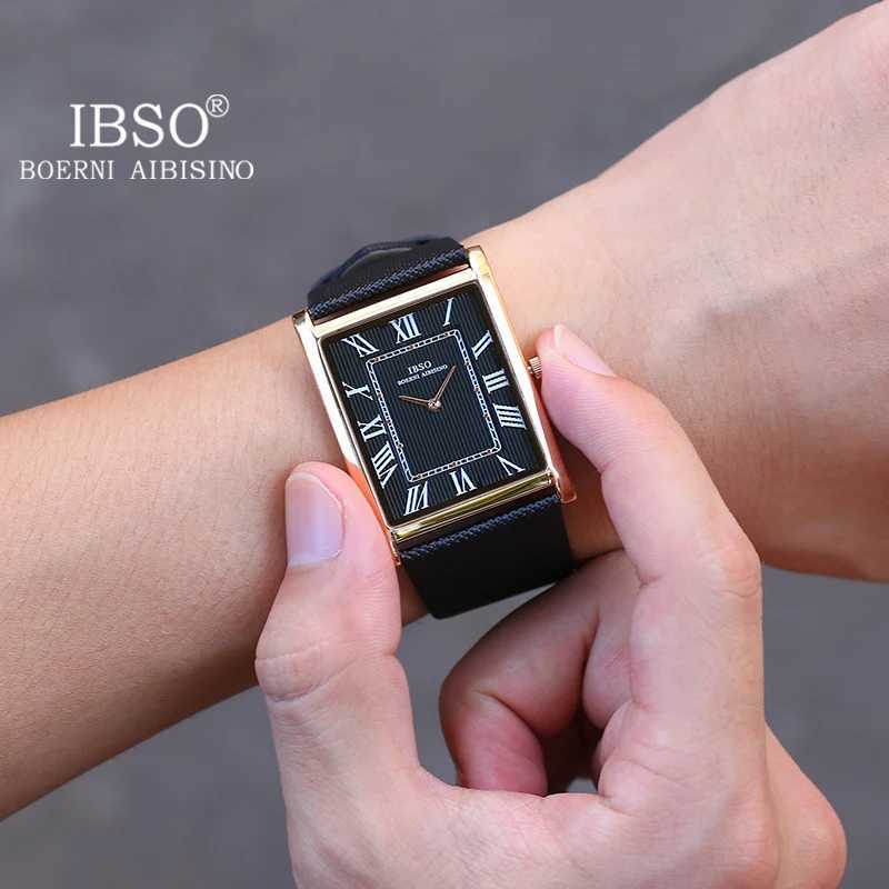 IBSO Ultra-Thin Rectangle Dial Mens Quartz Luxury Business Style Genuine Leather Strap Waterproof New Mens Wristwatch W250806