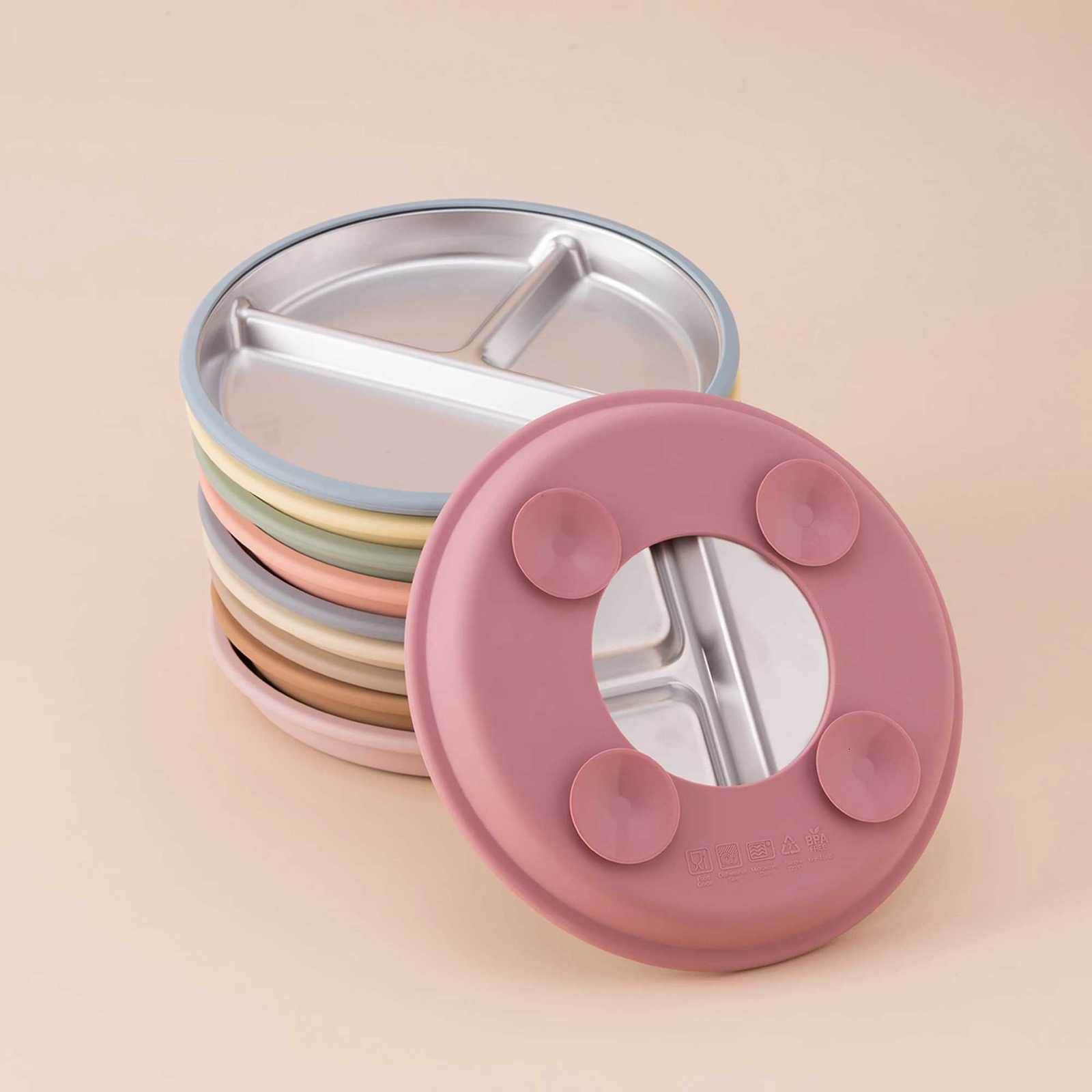 1PCS Color Kids Stainless Steel Plate Detachable Suction Dishes Baby Feeding Sucker Bowl Food Grade Silicone Food Tray Tableware X250806