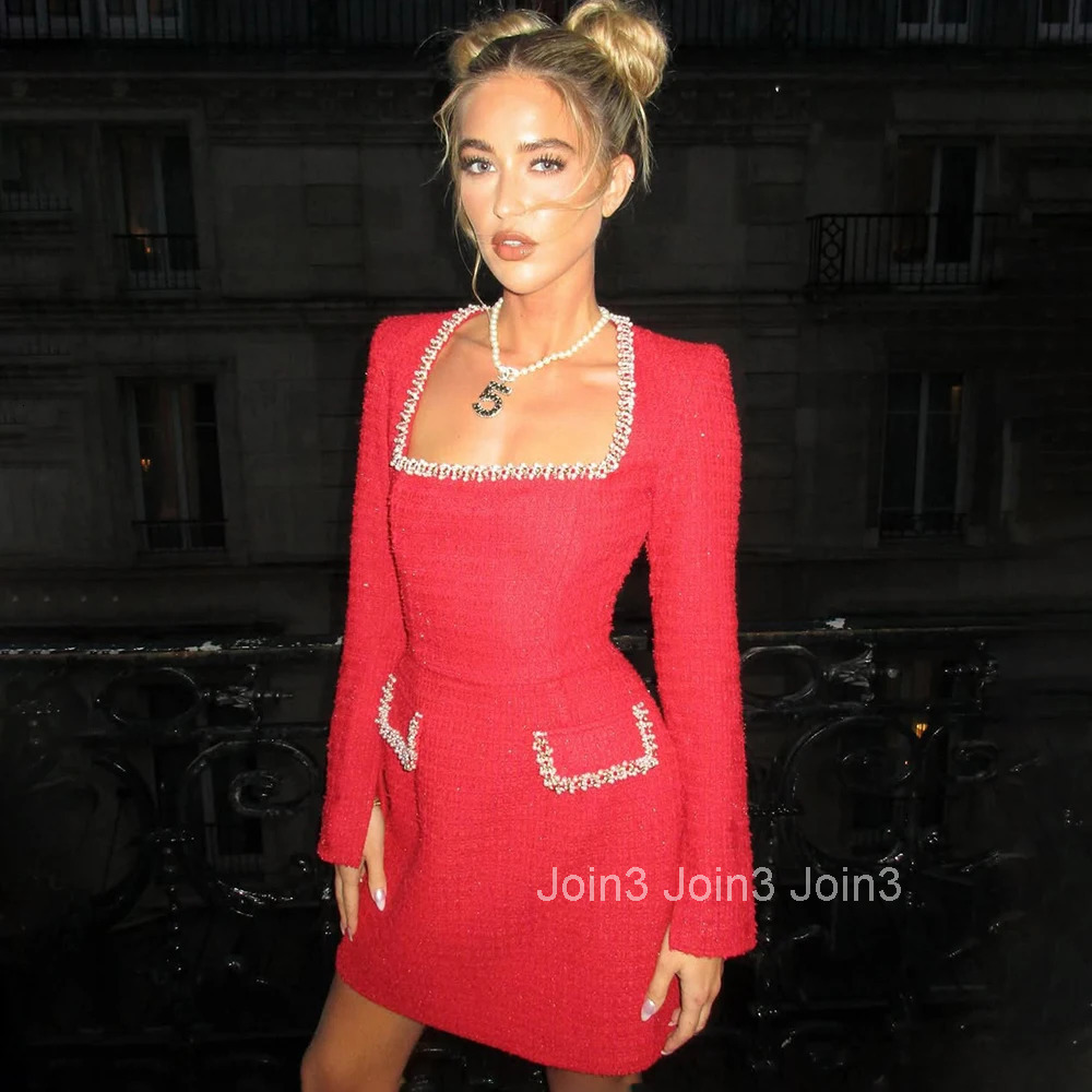 Talenza Long Sleeve Tweed Dress Womens Elegant Square Neck Luxury Party Evening Gown Retro Slim Patchwork Short Dress Vestido