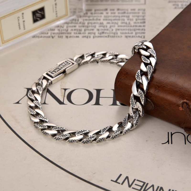 Retro Silver Made Old Cuban Bracelet Men's the Year of the Loong Gift Magnificent Simple Tang Grass Pattern Chain Width 7mm Factory Direct Sale