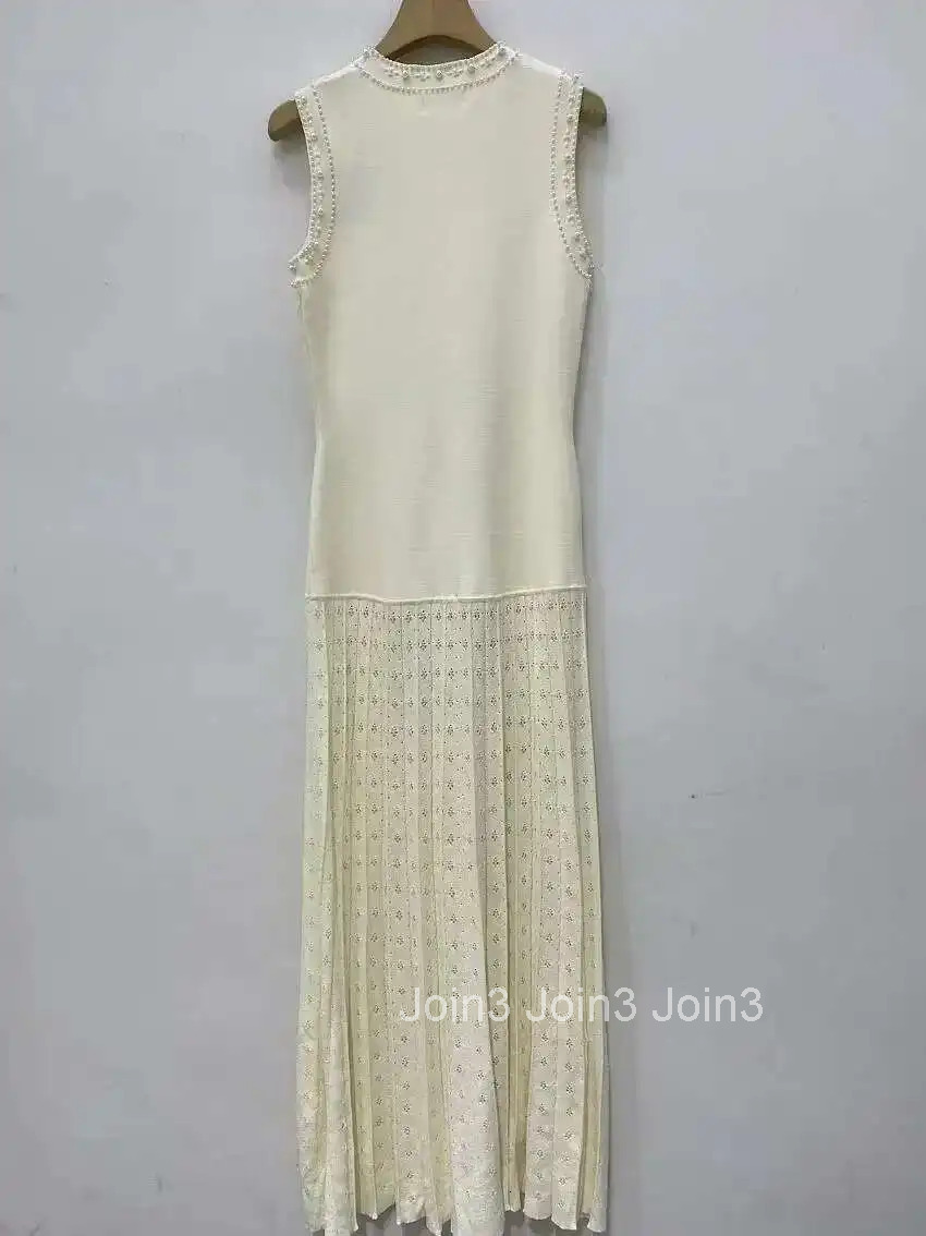Pearls Decorated Women Round Neck Sleeveless Splicing Knitted Sweater Dress Elegant Or Short Knitted Spring New Women P8QA