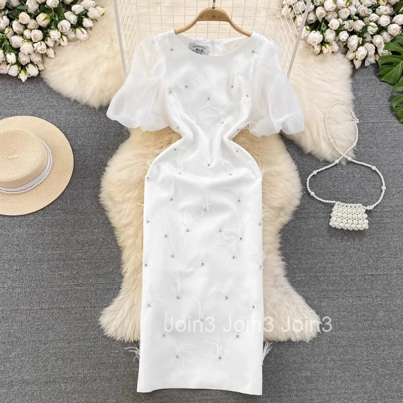 Elegant Solid Feathers Patch Design Slim Package Hip Dress Women Evening Party Back Zip Vestido Summer New White Maxi