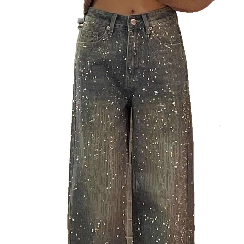 American Heavy Industry Full Rhinestone Patchwork Jeans for Women Y2K High Street Design Sense Niche Straight-Leg Floor-Length Pants