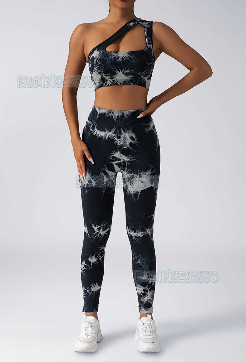 Seamless Knitted Tie-dye Yoga Hip Lift High Waist Elastic Sports Running Bra Set with Chest Pads H250806