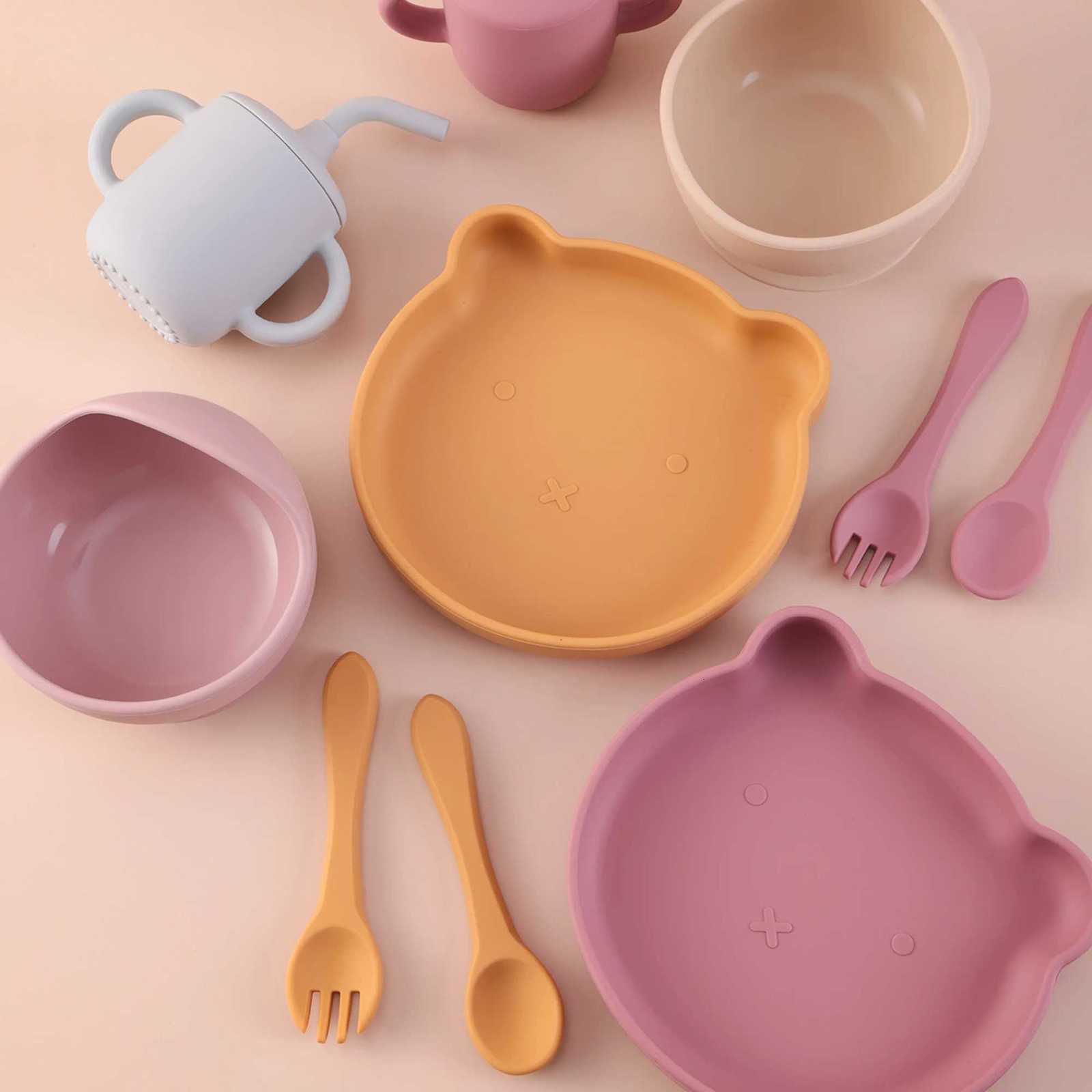 5PCS Color Kids Silicone Dinnerware Set Suction Bowl BPA Free Baby Dishes Plate Cup For Feeding Spoon Fork Training Utensils X250806