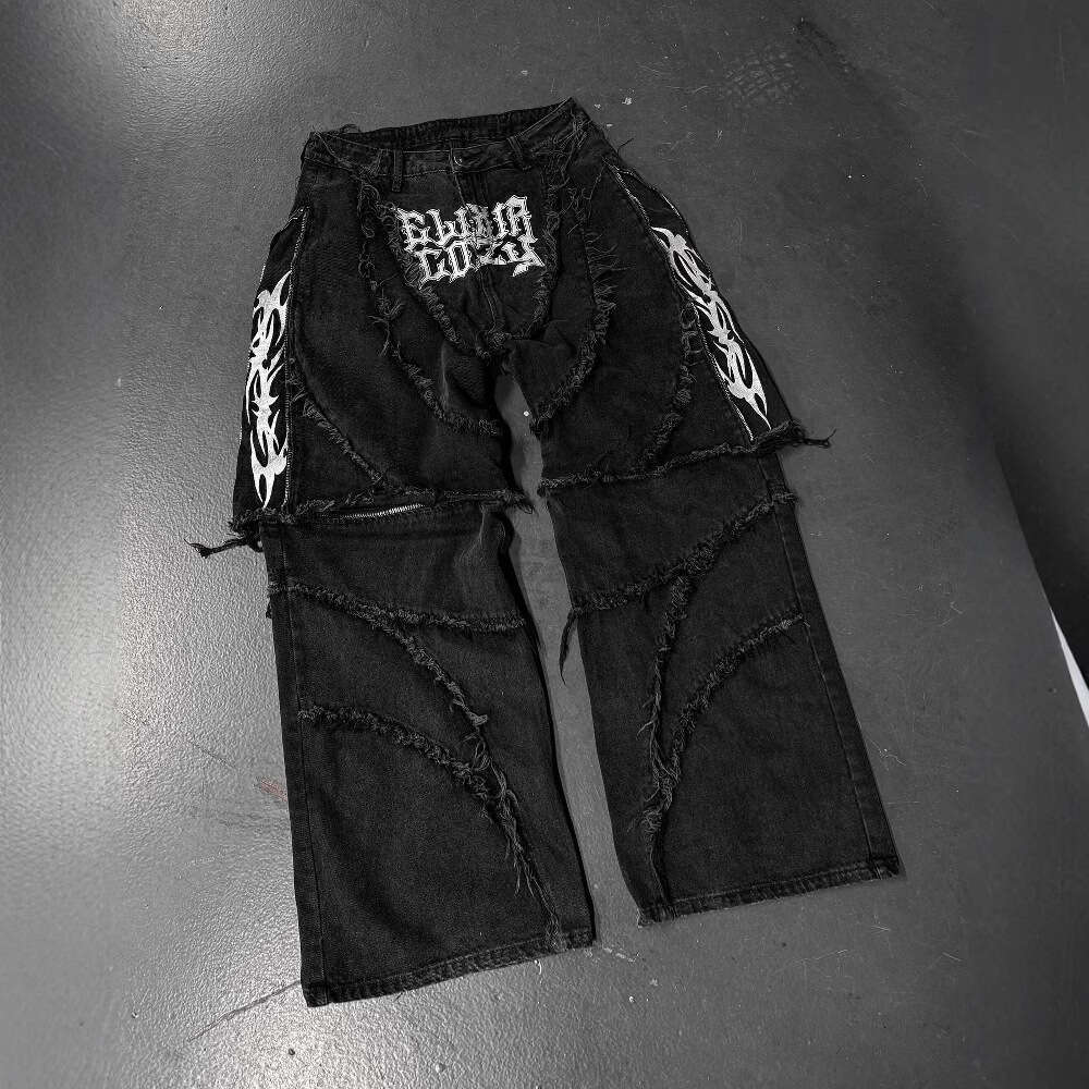 Zipper Patchwork Patch Embroidery Frayed Hem Jeans for Men High Street Design Loose Straight Pants