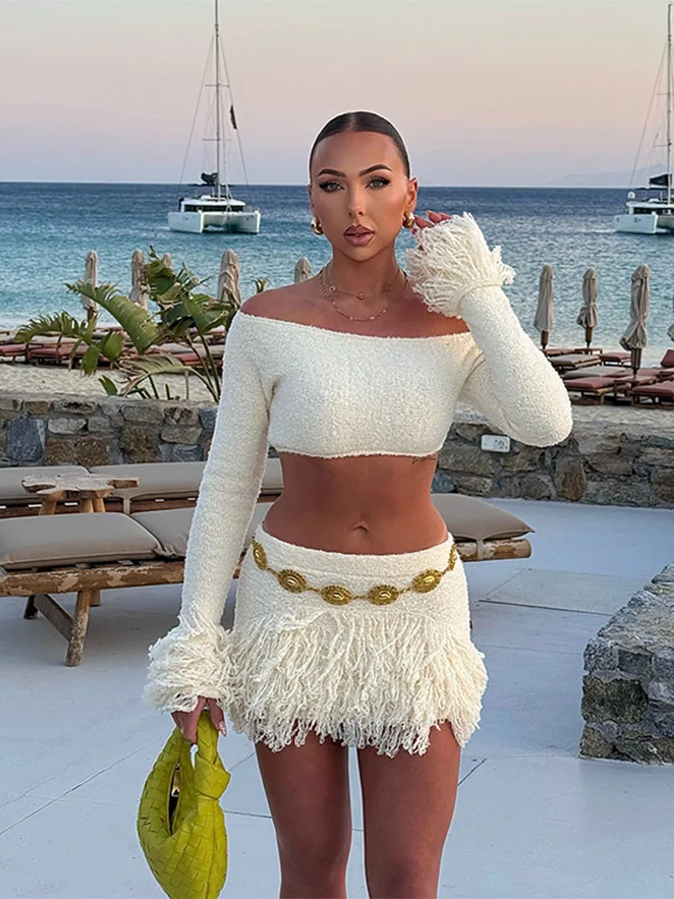 Elegant Tassel Knitted Skirt Set Women Off Shoulder Long Sleeve Crop Top Hip Package Mini Skirts Suit Summer Beach Lady Outfits 250804