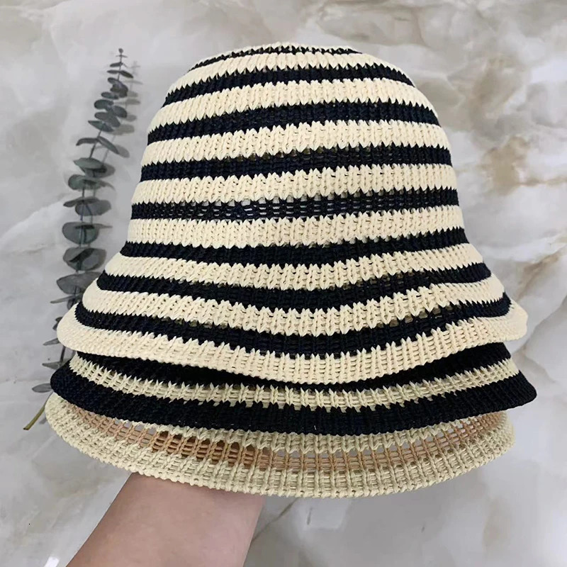 Striped Hollow Women Bucket Hat Spring Summer Outdoor Sunscreen Weave Breathable Fisherman Cap Fahsion Versatile Travel Panama 250805