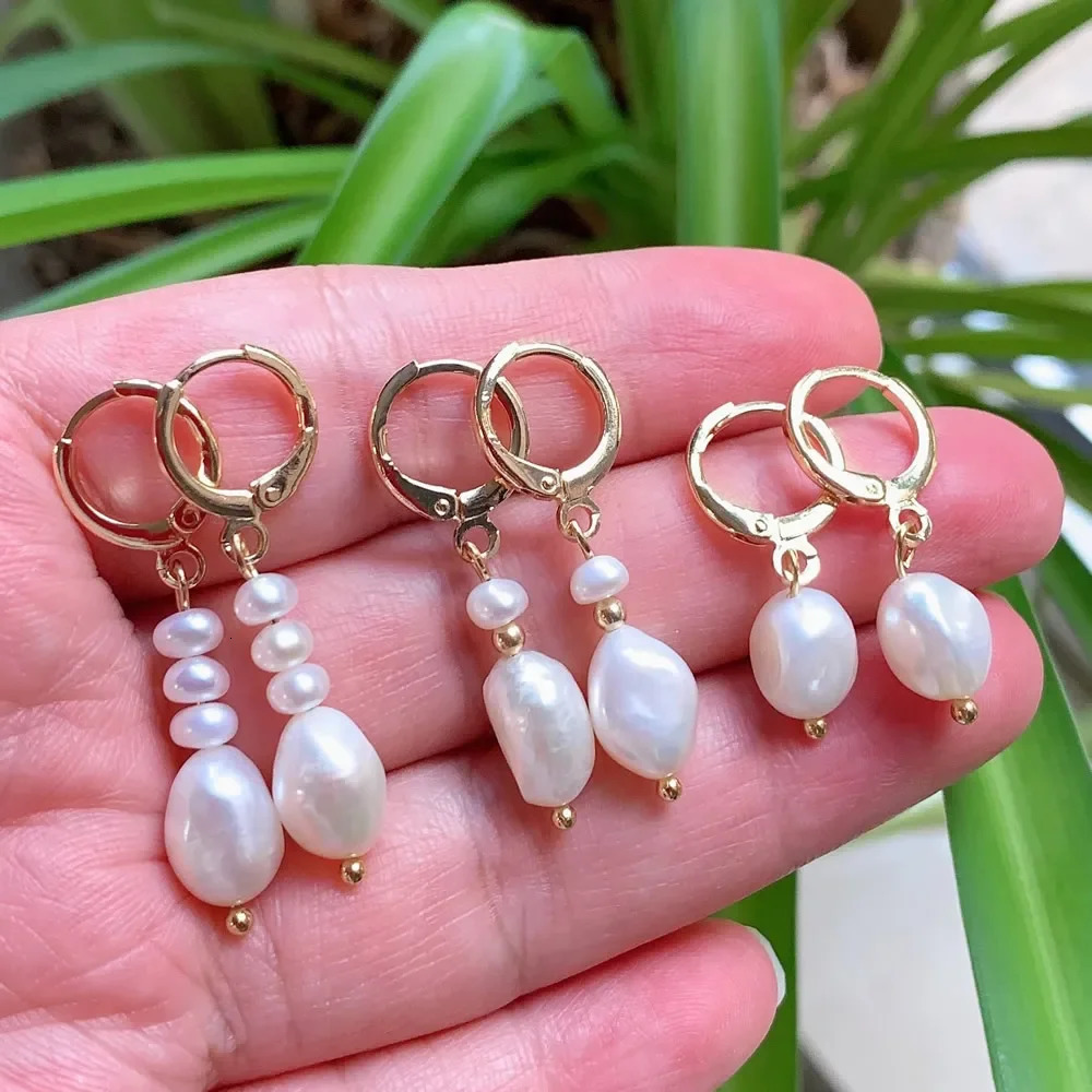 Gold Color Natural Freshwater Pearl Drop Earrings Irregular Baroque Pearl Tassel Pendulum Charm Small Loop Huggie Pearl Earring 250805