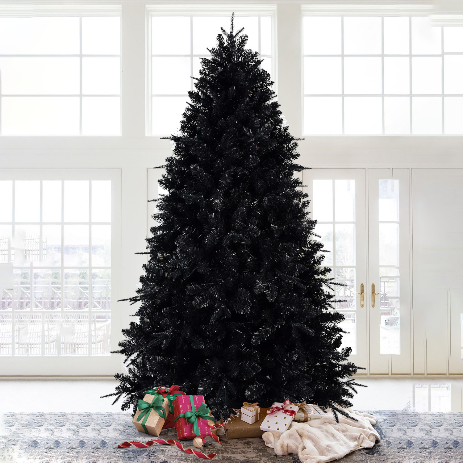 Black Christmas tree quality PE/PVC mixed tips with white led, Pre-lit design, saff and durableloe, Halloween decorations, 4-9ft