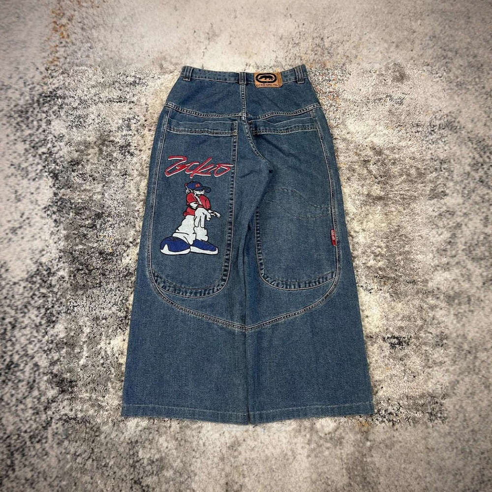 Y2K Style Large Pocket Cartoon Print Jeans for Men High Street Loose Wide Leg Skateboard Pants