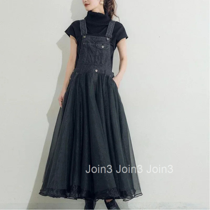 Fashion Casual Mesh Denim Patchwork Suspender Dress Solid All-match Elegant Big Swing Robe Summer New Midi Vestidos Mujer
