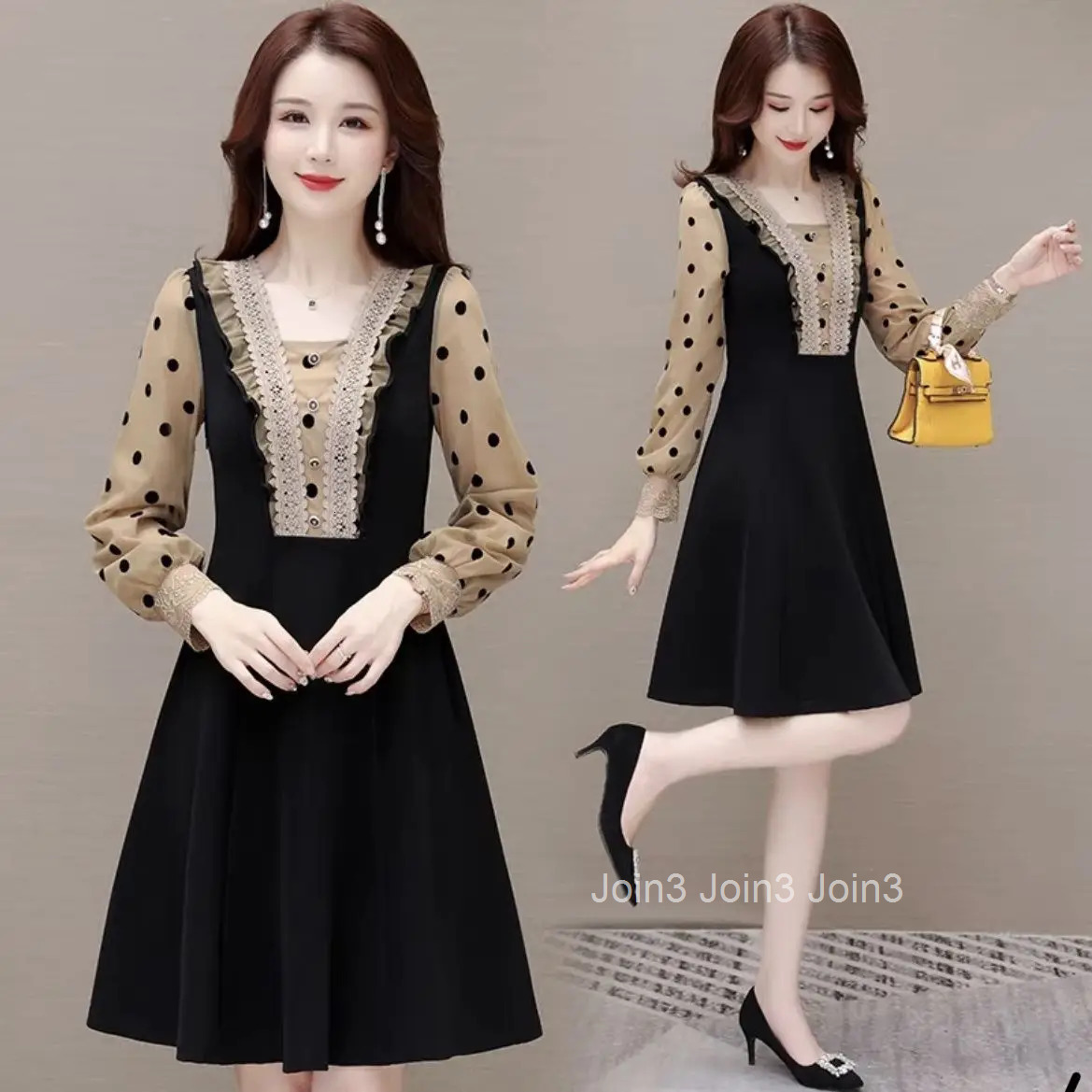 Stylish Polka Dot Spliced Lace Midi Dress Spring Autumn A-Line Waist Basic Female Clothing Elegant Square Collar Ruffles Dresses