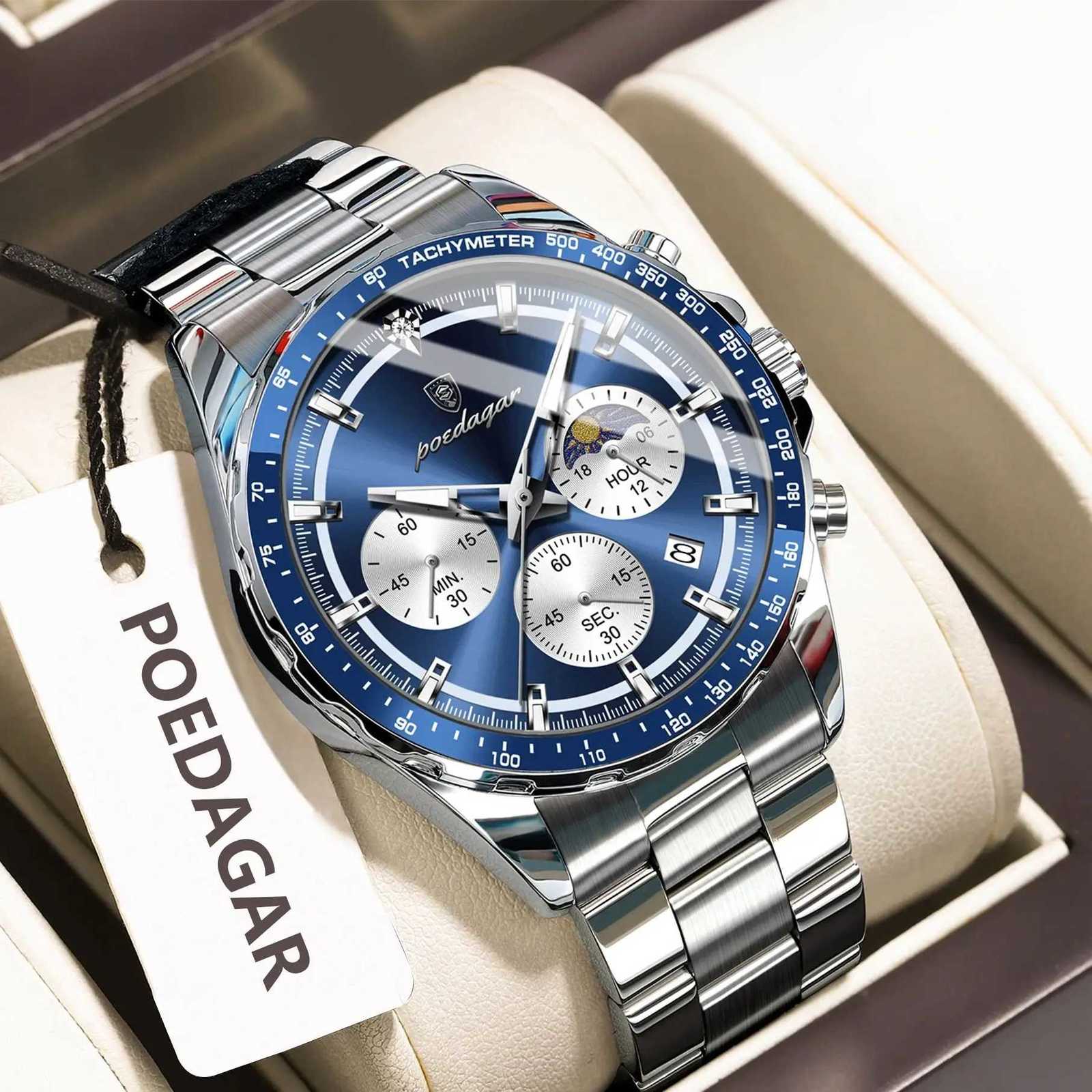 POEDAGAR Fashion Mens Wrist Chronograph Date Waterproof Luminous Mens Stainless Steel Luxury Quartz Mens Watch W250806