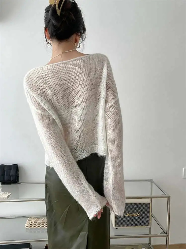 LANMREM Thin Knitted Sweater Women Long Sleeves Solid Color Transparent Pullover Female Fashion Top 2025 Spring Winter 2R4360 250806