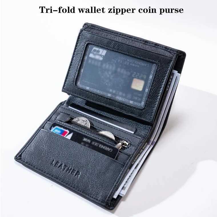 New Mens Genuine Leather Wallet Business Vertical Three-Fold Holder Zipper Coin Purse Mens RFID Anti-Theft Wallet XJ250806
