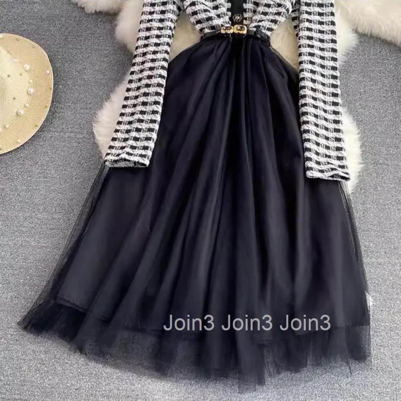 Spring Autumn Plaid Dress Long Sleeve Patchwork Mesh Dress Vintage Elegant Long Dress Vestido Robe Mujer