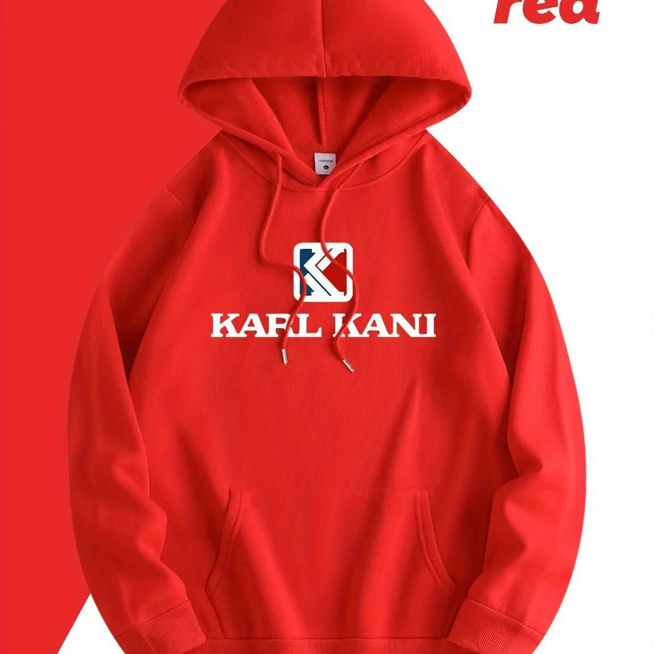 Mens Casual Hoodie with KARL KANI Print Comfortable Drawstring Design Front Pocket All-Season Regular Fit Casual Wear Hoodie R250805