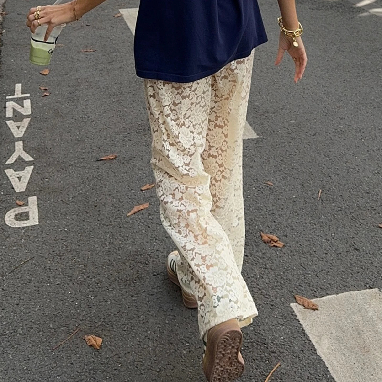 Vintage Women Wide Leg Pants Casual Loose Sheer Lace High Waist Trousers for Work Office Y2K Aesthetic Streetwear 250806