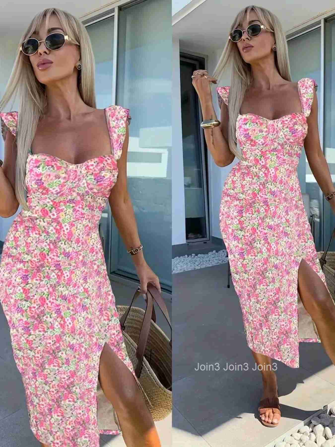 European and American summer new elegant design French flower suspender slit midi-length ladies dress