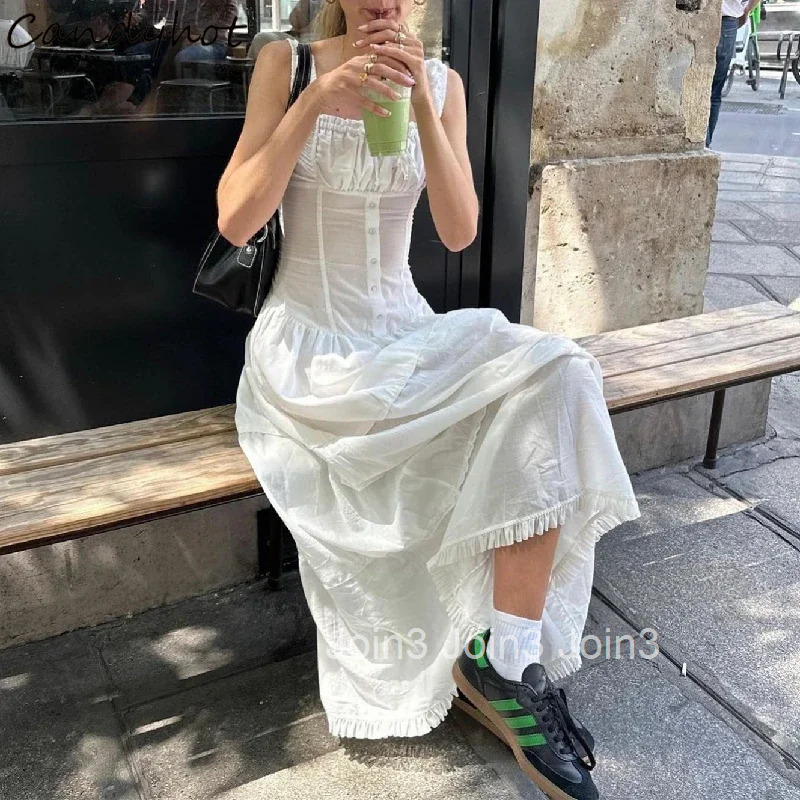 Candyhot Elegant Square-neck White Maxi Dress Casual Summer Slim Lace Up Sleeveless Dreses French Party Beachwear Vestidos