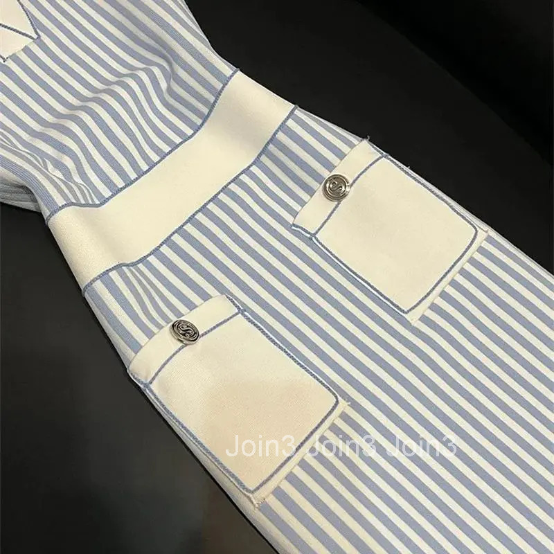 Summer Patchwork Tank Knit Dress Elegant Women Turn Down Collar Elatic Waist Bodycon Sundress Fashion Stripes Long Vestidos 038A