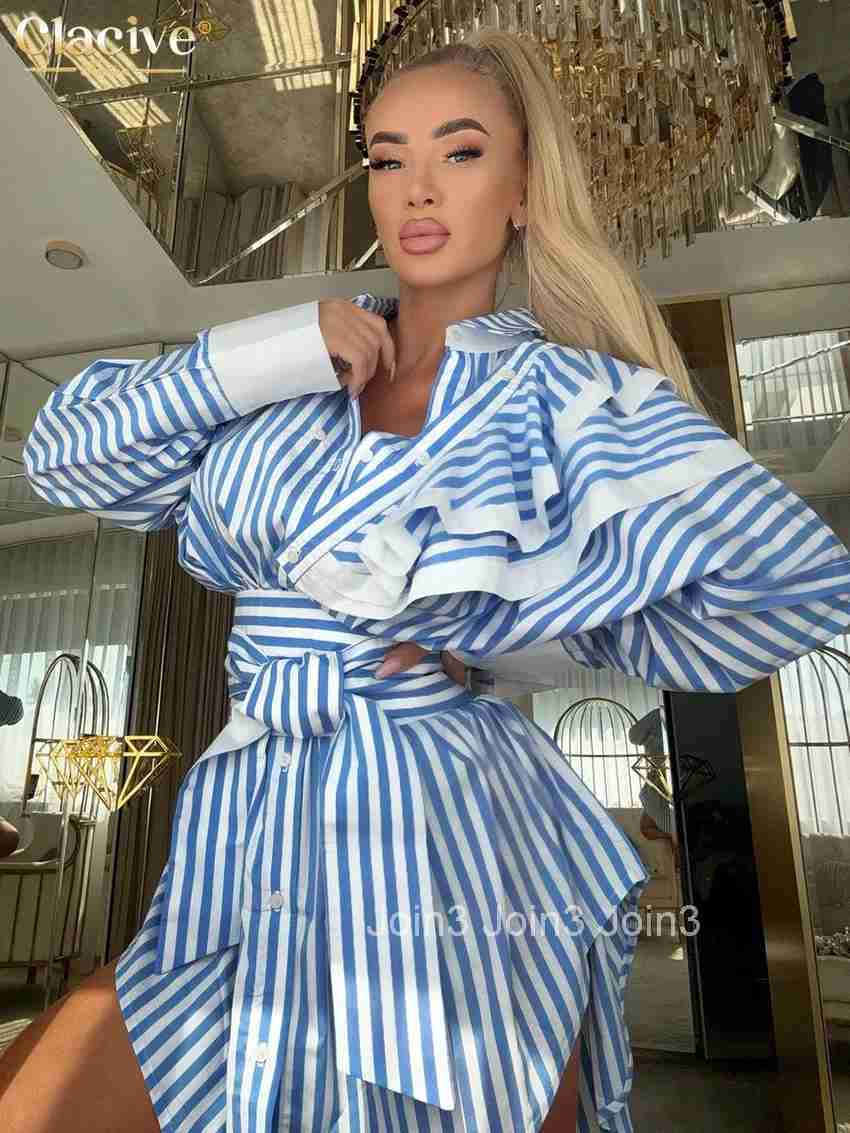 Clacive Fashion Loose Blue Stripe Womens Dress Elegant Lapel Long Sleeve Mini Dresses Casual Classic Lace-Up Female Dress