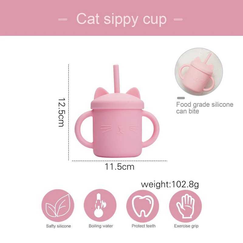Baby Food Grade Feeding Cup Kid Double Handle Design Cute Cat Styling Straw Bottle Anti-Hot Leakproof Baby Silicone Feeding Cups X2508061