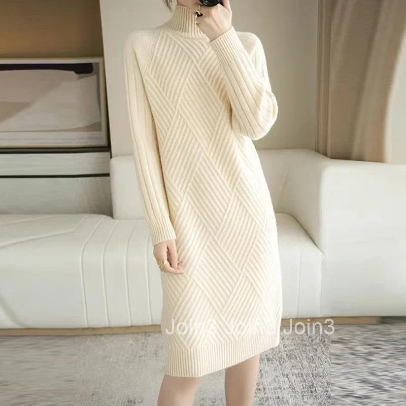 Abrini Autumn Winter Women Wool sweater Dress Mock Neck Ribbed Solid Knit Dresses Elegant Lady Party Bottoming Cashmere Vestidos