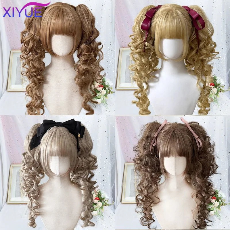 Synthetic Princess Cut Double ponytail Lolita Wig with Bangs Girl Ombre Blonde brown White gray Cosplay Halloween Harajuku wig 250805