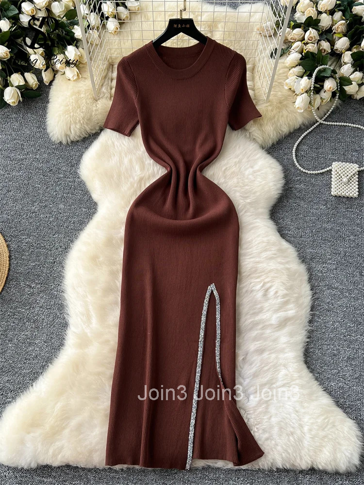 Senior Luxury Slim Dress Ladies O-Neck Bodycon Sequins Split Chic Design Summer Fashion Knitted Women Sexy Midi Dress