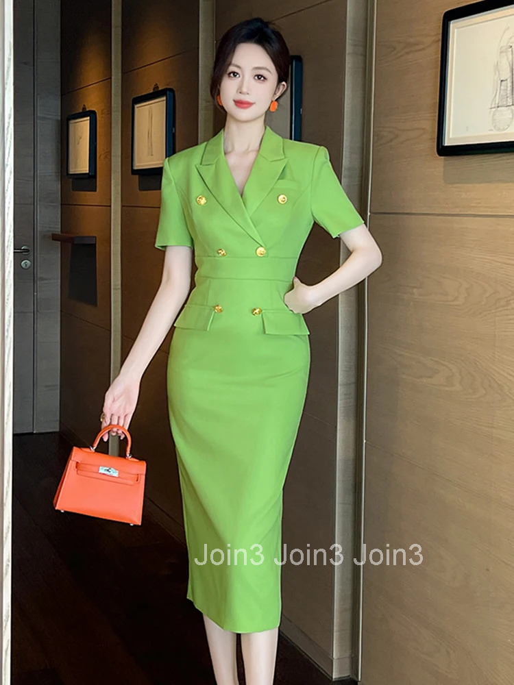 Elegant Office Lady Classic Business Formal Pencil Dress Women Clothes Blazer Commute Short Sleeve High Waist Slim Midi Vestidos
