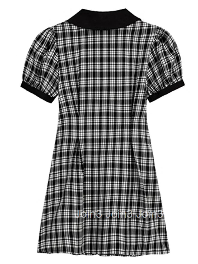 French Elegance Checkerboard Plaid Frocks Thin Turn Down Collar Bow A-Line Office Lady Summer Casual Clothing Streetwear