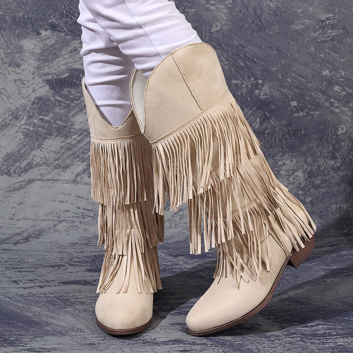 Three-layer tassel round head thick heel fashionable and versatile western cowboy European and American high top womens boots 250805