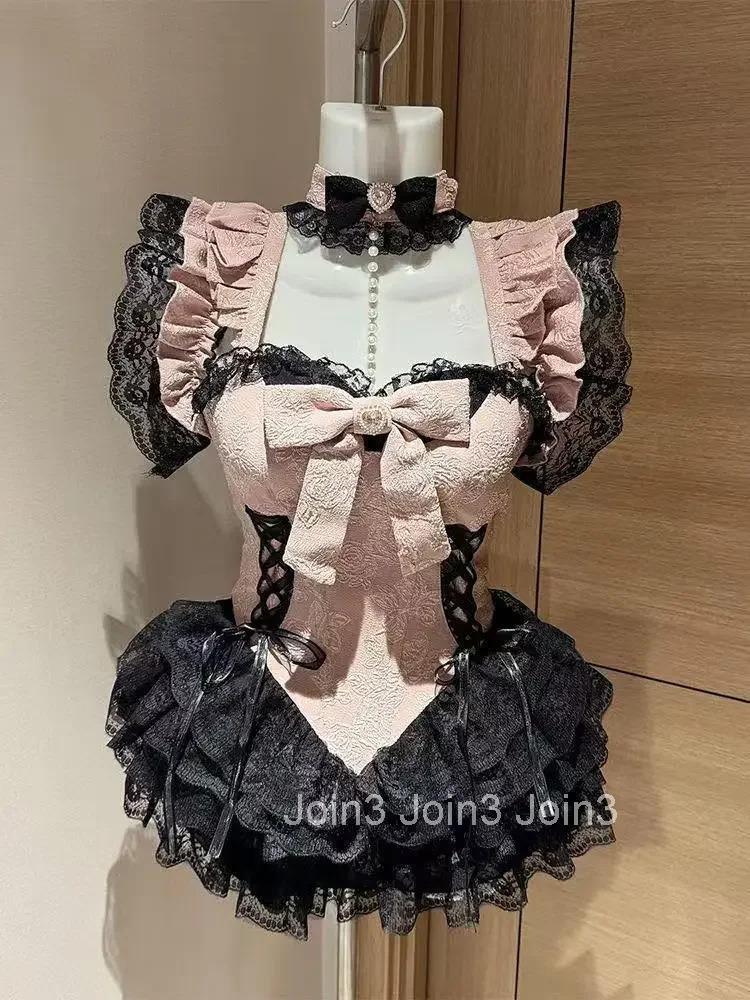 Summer Sweet Elegant Women Lolita Dress Y2k Lace Off Shoulder Design Short Party Dress Female Retro Chic Korean Popular Clothes