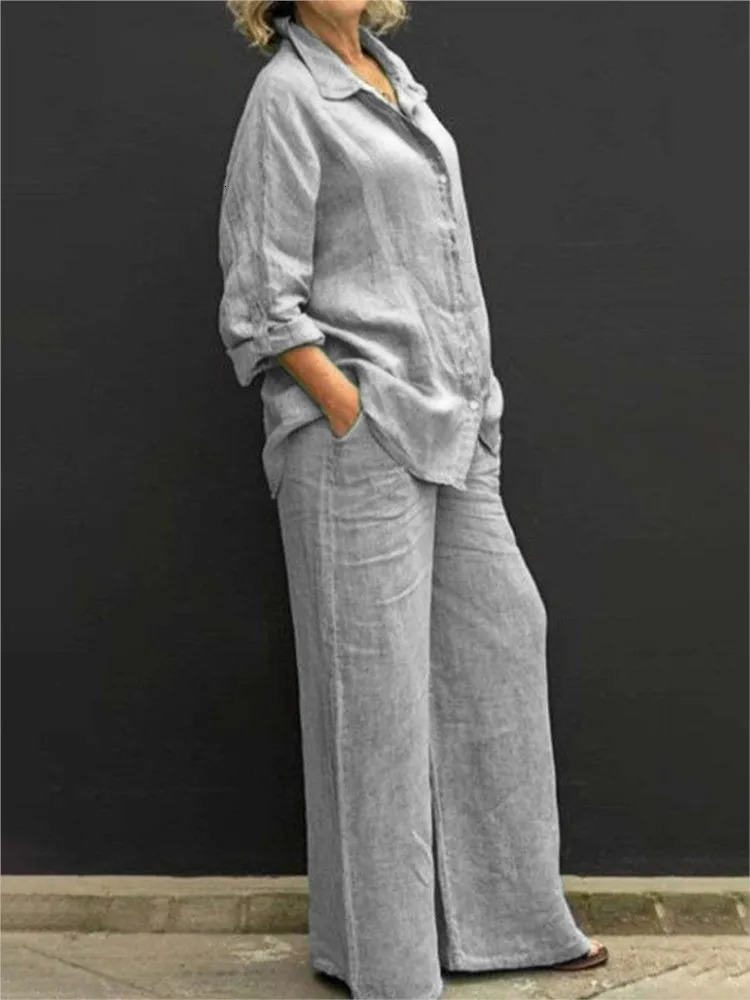 Solid Color Cotton Linen Shirt 2 Piece Set For Women Spring Autumn Long Sleeve Blouse Wide Leg Pants Suits Female Casual Outfits 250805