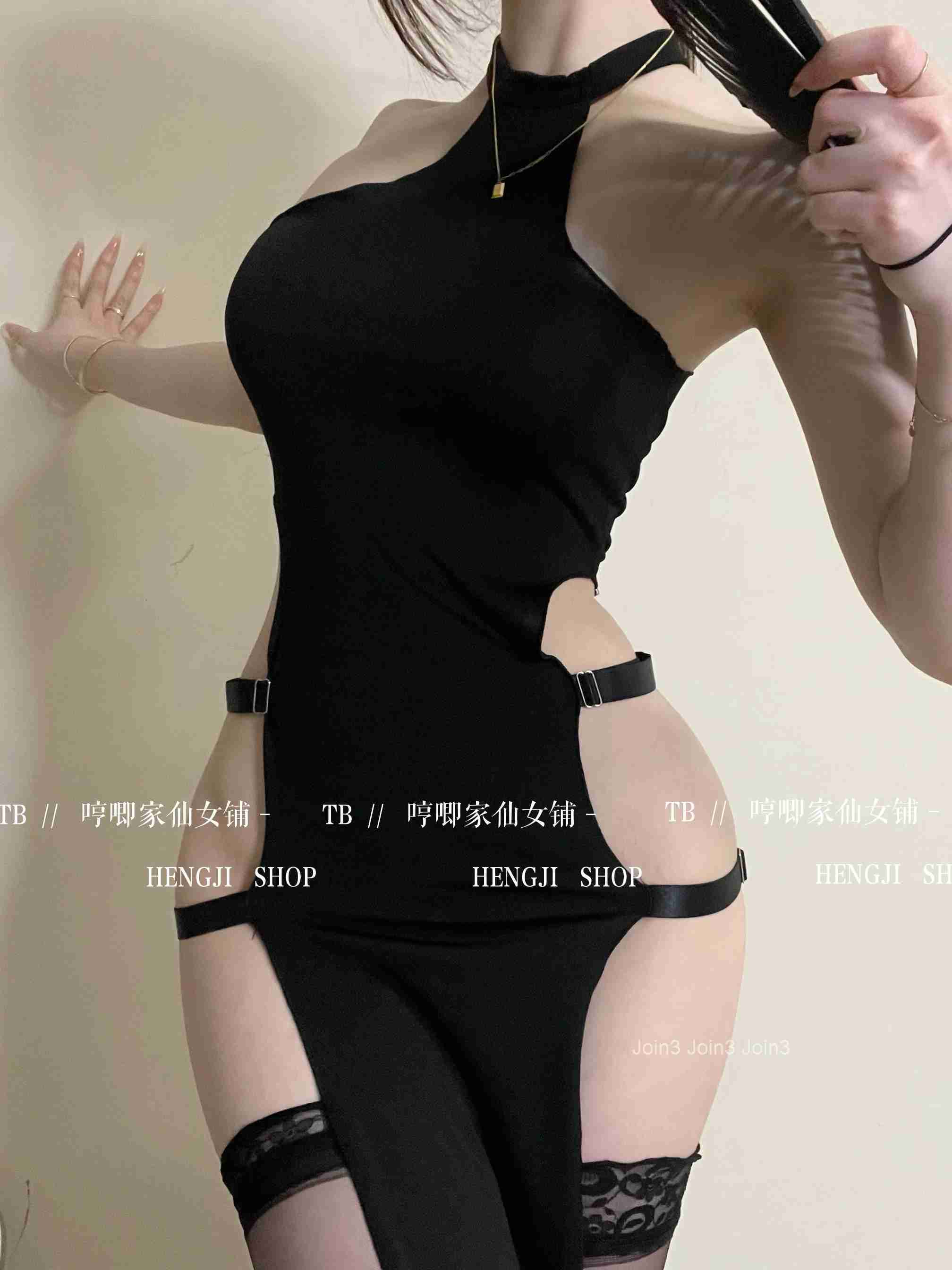 WOMENGAGA Sexy Hanging Neck Elastic High Waist Double Split Tie Long Dress Elegant Cheongsam Hot Sexy Y2K Tops 9ZTL