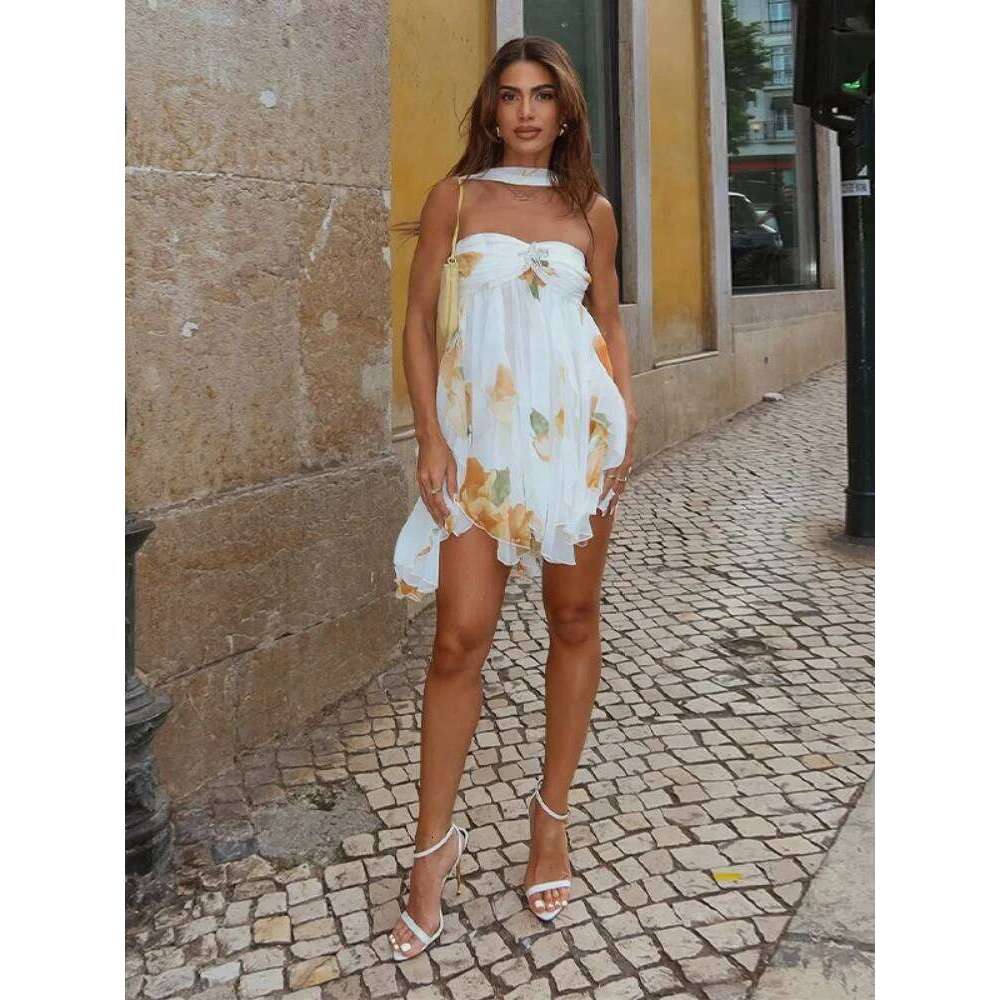Designer Clothing 2025 Women Casual Printed Pleated Scarf Collar Mini Dresses Chic Sleeveless Off Shouder Short Vestido Summer Lady Party Beach Robe