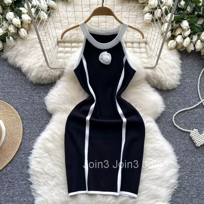 Summer New Elastic Knitted Design Roses Elegant Dress For Women Short Mini Slim Party Evening Vestidos Dress Clothing