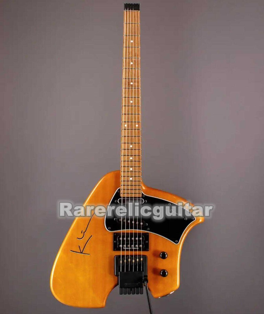 Klein Natural Yellow Headless Electric Guitar Mahogany Body Vibrato Arm Tremolo Bridge Whammy Bar