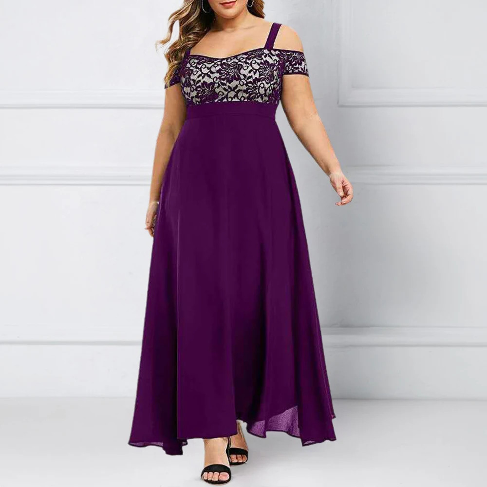 Plus Size Women Elegant Lace Off Shoulder Bandeau Chiffon Maxi ALine Dress Ladies Evening Party Cocktail Ball Gown 1XL6XL 250724